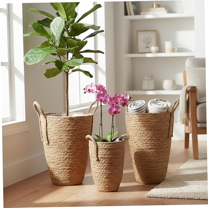 3PCS Rattan Planter, 3 Sizes Seagrass Woven Plant Basket with Waterproof Liner, Plant Baskets Indoor with Handle for Balcony Home Decoration, Woven Basket for