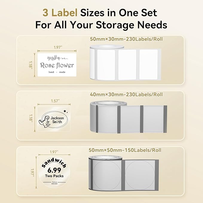 NIIMBOT Thermal Label Tape 3 Rolls, Compatible with B1 B21 B31 Label Maker | Multi-Size Pack, 50x30mm White, 40x30mm Clear, 50x50mm Round | for Address, Jar, Gift, Logo & File Organization Stickers