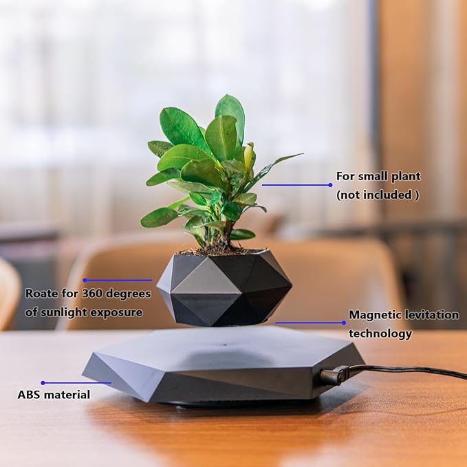 Levitating Plant Pot,Magnetic Floating Plant Pot for Small Plants,360°Rotating Levitating Desk Decor for Home & Office,Floating Pot Gift for Plant Lovers,Birthday, Christmas, New Year(black)