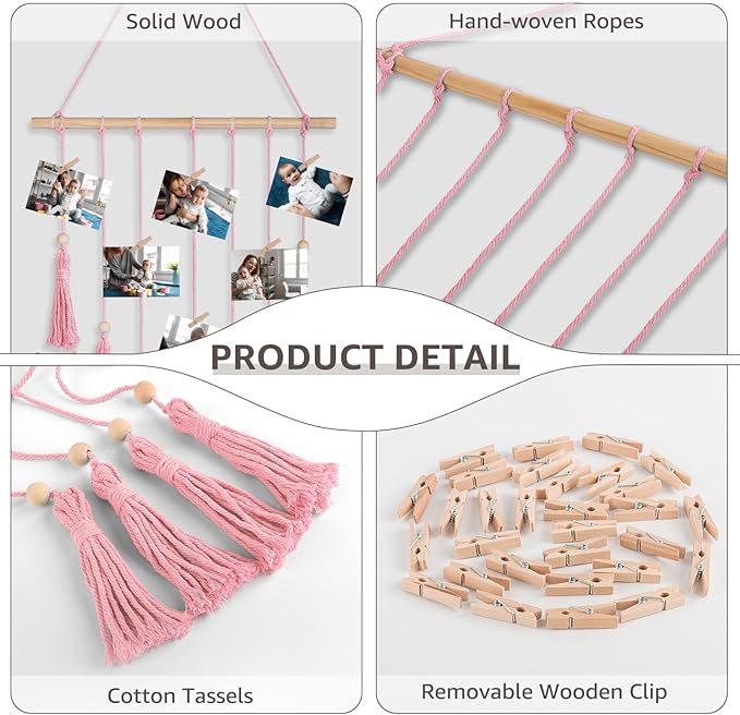 ANROYE Macrame Hanging Photo Display, Picture Holder with 30 Clips for Bedroom Wall, Polaroid Boho Gallery Hangers with LED Light String, Room Decor Gifts for 10 11 12 13 14 Year Old Teen Girl