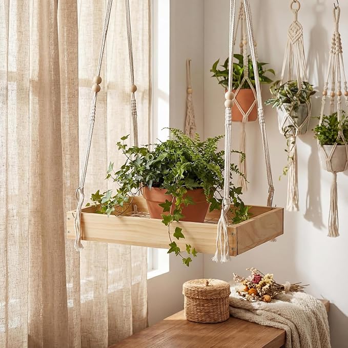 Novabright 2 Pcs Window Hanging Plant Shelf with Macrame Adjustable Rope, 16" Large Wooden Plant Hanger Indoor with Metal Frame, Load 50lb, Suit for Window Ceiling Wall Mount Boho Decor