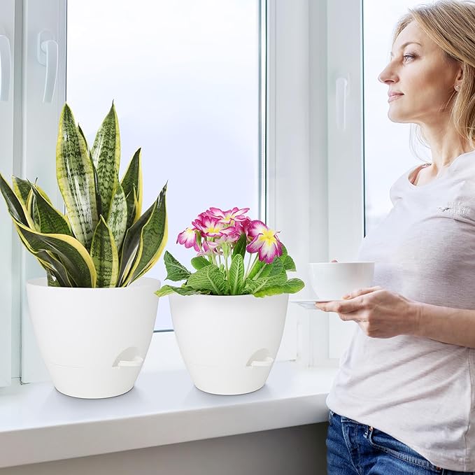 QRRICA Plant Pots 10/9/8/7.5/7 Inch Self Watering Pots, Set of 5 Plastic Planters with Drainage Holes and Saucers,Plastic Flower Pots,Nursery Planting Pot for Indoor Out Door Plants(Pure White)