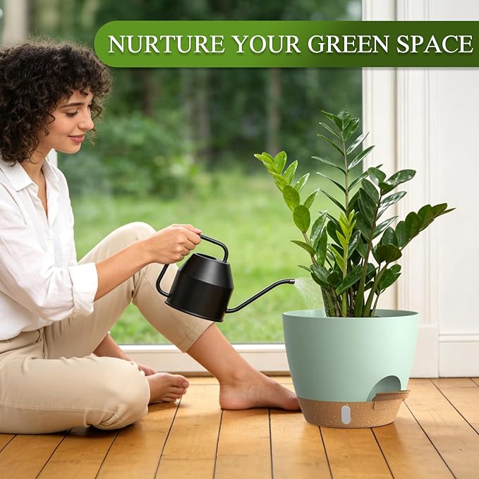 Self Watering Pots with Drainage Holes, 3 Pack 12/10/8 Inch Plant Pots with Water Level Indicator Deep Reservoir, Large Plastic Planter for Indoor Outdoor Plants - Green Brown