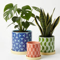 Original Earthlings Ceramic Plant Pots for Indoor Plants, Set of 3 Geometric Planters with Drainage Hole & Saucer, Colorful Decorative Flower Pots for Succulents, Home Decor, Modern Boho Style