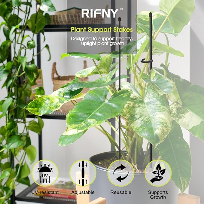 Plant Stakes for Indoor Plants, RIFNY 14 Inch Plant Support Stakes with Clips, Tall Adjustable Plant Sticks for Indoor Monstera Tomato Orchid Potted Plants Flower (16 PCS, Black)