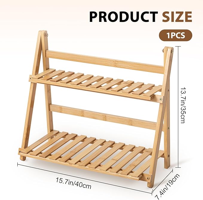 Yalikop Matcha Station Shelf,15.7'' Coffee Station Organizer, 2 Tiers Bamboo Mug Holder Countertop,Desktop Flower Pot Rack for Home Living Room Window Sill Foldable Display Storage Shelf(Wood)