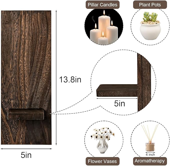 Wood Wall Planter Set of 2, Wooden Wall-Mounted Vase with Shelf for Plants & Candles, Farmhouse Hanging Wall Decor for Living Room, Bedroom, Bathroom, Entryway, Narrow Spaces, 13.8" x 5"