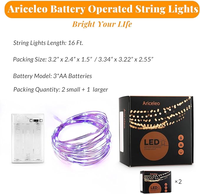 Ariceleo Led Fairy Lights Battery Operated, 2 Packs Mini Battery Powered Copper Wire Starry Fairy Lights for Bedroom, Christmas, Parties, Wedding, Centerpiece, Decoration (5m/16ft Blue)