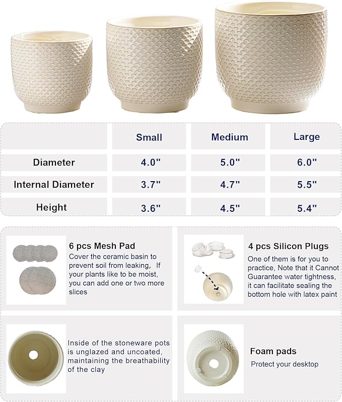 4 + 5 + 6 Inch Ceramic Pots for Indoor Plants, Succulents Plant Pots, Orchid Flower Pot with Drainage Hole, Modern Clay Stoneware Planters, Set of 3 (Milk White, 4+5+6 Inch)