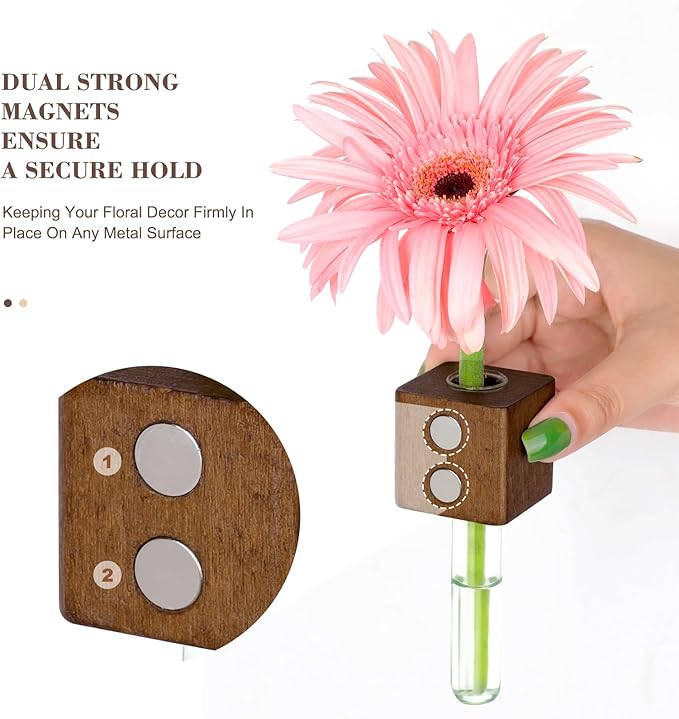 Magnetic Test Tube Flower Vases for Refrigerator, Set of 2 Wooden Fridge Magnet Planters with Glass Tubes – Light & Dark Wood Color, Propagation Station for Hydroponic Display (No Plant Included)