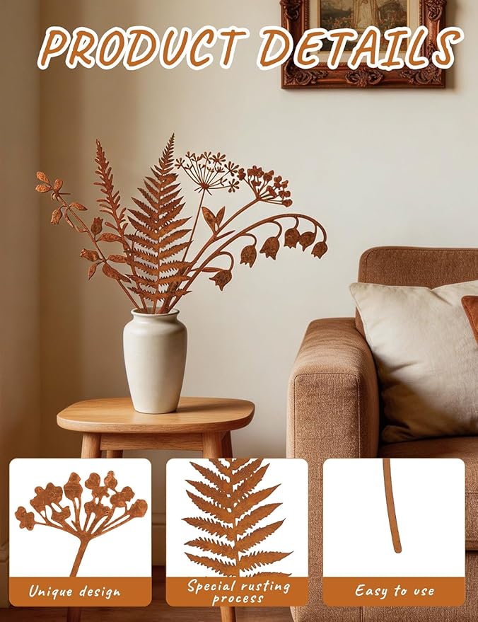 6 Pcs Metal Flowers for Outside, Decorative Garden Stakes with Rusted Finish, Outdoor Metal Yard Art Plant Stakes for Flower Bed Lawn Walkway Decor