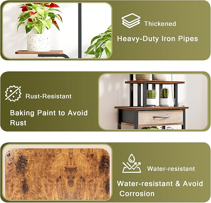 REFGY 8-Tier Tall Plant Stand with Grow Lights, Indoor Multi-Tiered Metal Plant Shelf with Large Storage Drawer, Heavy Duty Flower Pot Stand for Living Room, Bedroom, Balcony, Rustic Brown
