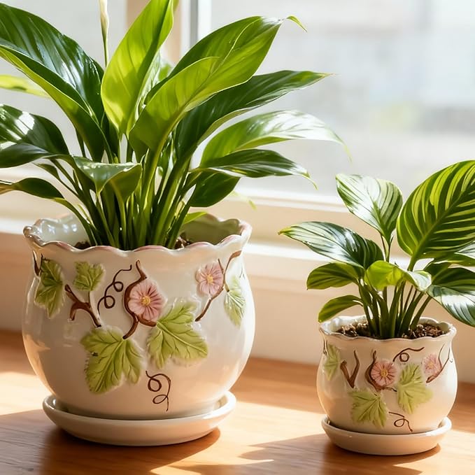 Vintage Flower Pots for Indoor Plant, Round Ceramic Plant Pots with Drainage Holes and Saucers, 6.7/5.2/3.9 Inches Retro Flower Planters Set of 3 (Morning Glory)