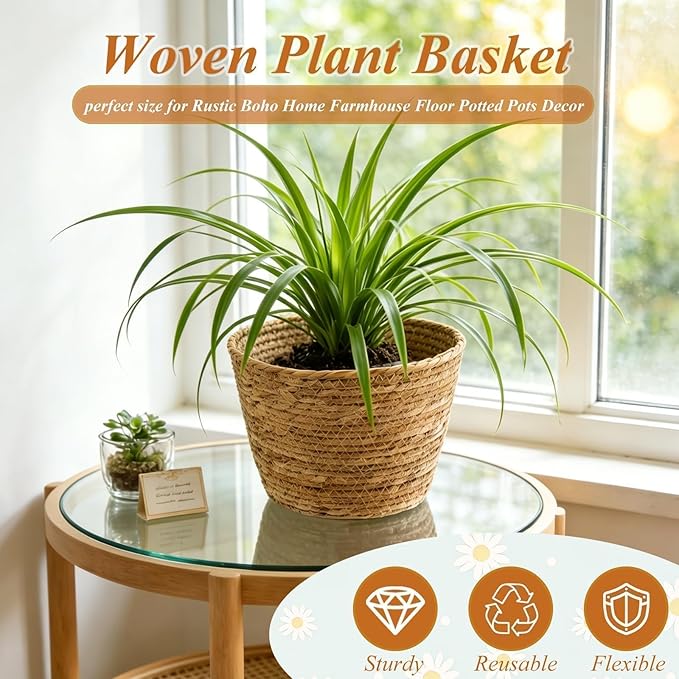 2PCS Seagrass Plant Basket for Indoor and Outdoor,Wicker Large Planter Basket for 6 inch Pot,Rattan Plant Pot Covers for Potted Plants,Woven Storage Baskets for Rustic Boho Farmhouse Decor