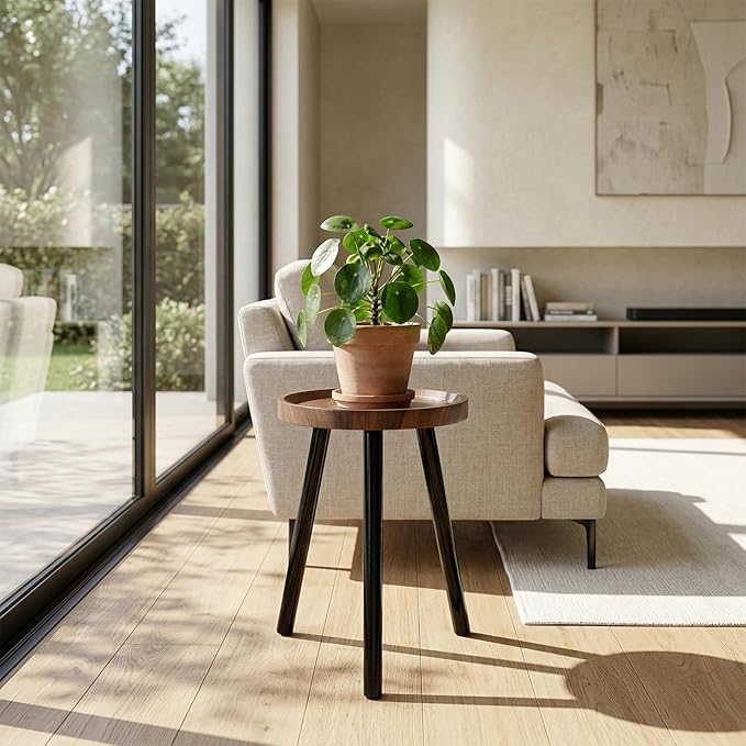 Indoor plant stand, walnut-colored medieval-style wooden plant table, tall planter stand, modern round side table, suitable for living room, bedroom, and balcony decoration (2 pcs)