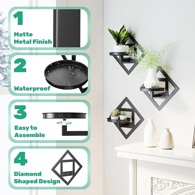 Wall Plant Holder Wall Mounted Indoor, Metal Window Plant Wall Hangers Shelf, 3Pcs Modern Floating Flower Display Hanging Plant Stand for Outdoor Kitchen Bathroom Decor