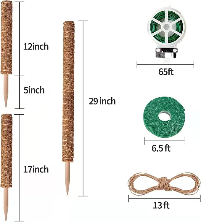 Eibikdi 8 Pcs Moss Pole for Plants Monstera, Plant Support Stakes for Indoor Climbing Plants Grow Upwards, with 65ft Twist Ties, 13ft Jute Rope, 6.5ft Hook-and-Loop Strip