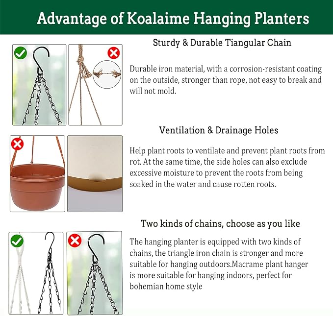 Koalaime Hanging Planters for Indoor Plants, 2 Pack 10 Inch Self Watering Pots with Macrame Plant Hanger, Hanging Baskets Holder for Outdoor Garden Home Ceiling Window Decor