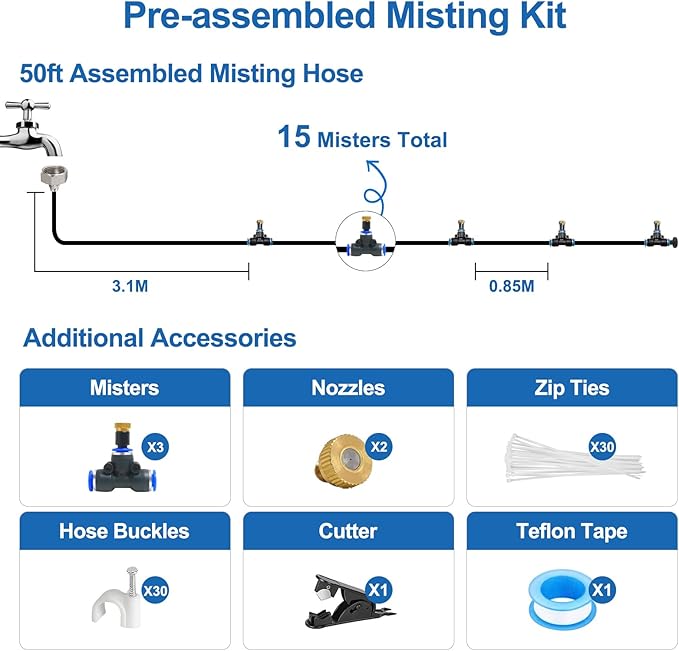 POCKET PANDA Pre-Assembled Misters for Outside Patio,Outdoor Water Misting Cooling System,50FT|15M.Backyard Mist Kit for Garden,Greenhouse,Deck,Umbrella