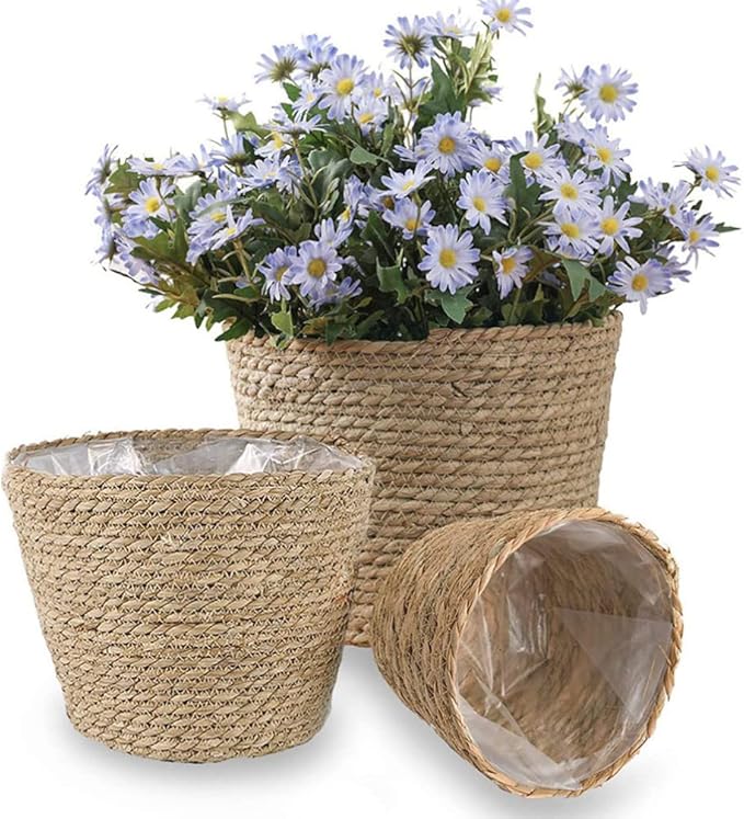 Beavorty Vintage Decor Seagrass Planter Hand Woven Straw Flower Pot Farmhouse Plant Basket with Plastic Liners Rustic Plant Containers Succulent Pot for Indoor Outdoor Room Decor Home Decor