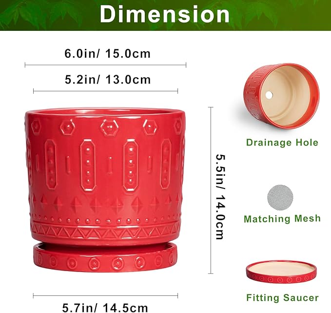 Eightpot 6 Inch Plant Pot, Ceramic Flower Pots for Indoor Outdoor Plants, Round Pots for Plants with Drainage Hole and Tray, Boho Decorative Planter, Kitchen Decor, Gardening Gifts for Women, Red