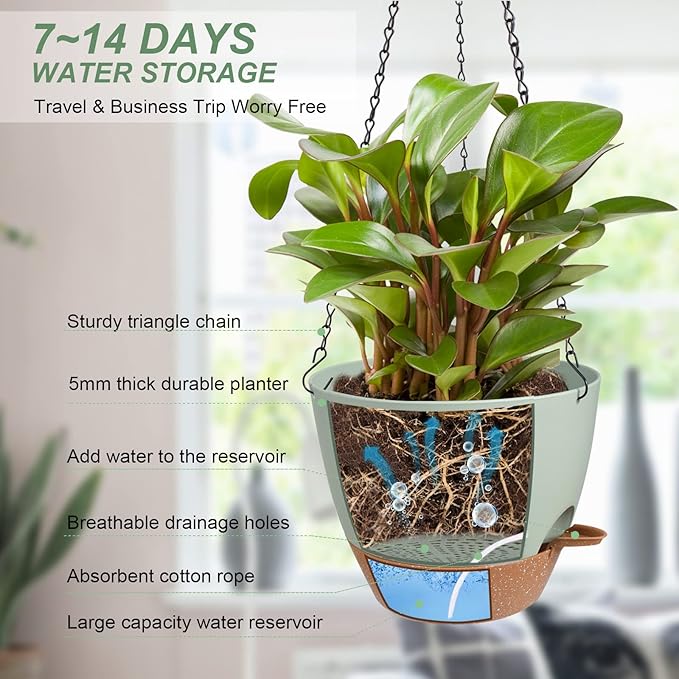 Vanslogreen Hanging Planters for Indoor Outdoor Plants, 2 Pack Self Watering Hanging Pot with Drainage Holes & Removable Tray (Green, 10'')