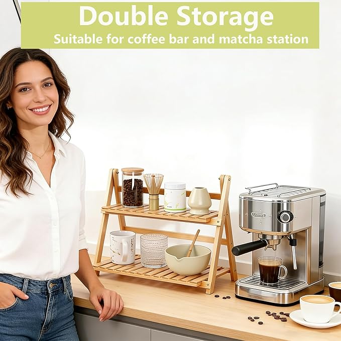 Bamboo Mug Shelf, 2-Tier Matcha Station & Coffee Bar Organizer - 15.7 Inch Foldable Countertop Display Rack for Mugs, Cups, Spices, Flower Pots - Kitchen, Window Sill, Living Room Storage Shelf