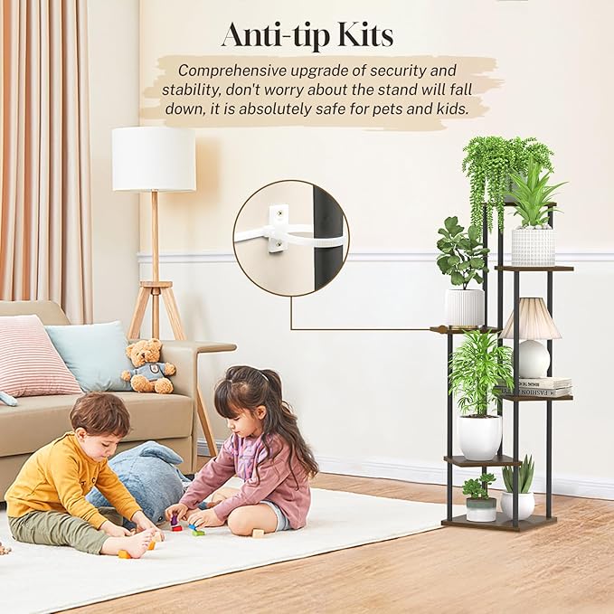 Oppro 6 Tier Plant Stand Indoor Outdoor, Tall Metal Wood Muti-Level Planter Shelf Holder, Sturdy Large Vertical Corner Orchid Flower Pot Display Rack for Narrow House Decor Office Living Room Bedroom, Oak