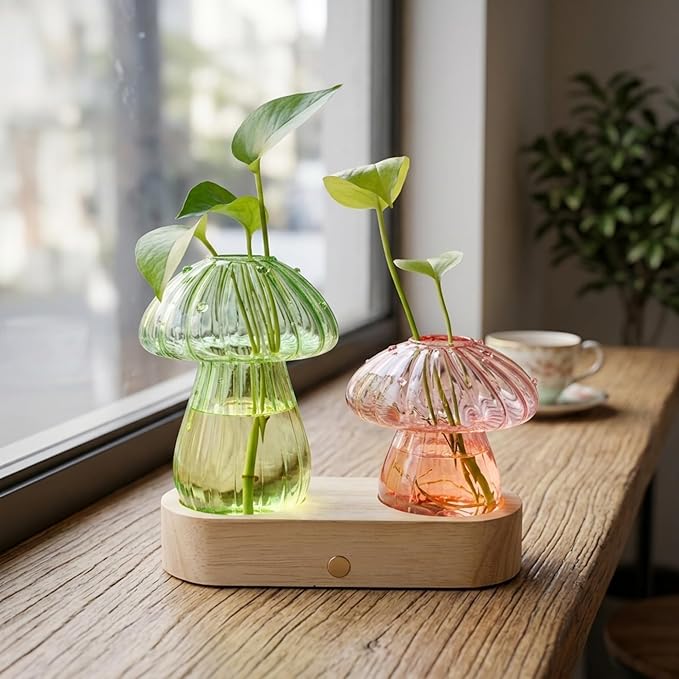 Plant Propagation Station with Light,Mushroom Glass Vases with Stepless Dimming Function for Home Office Decor,Hydroponic Glass Jars Gardening Gifts for Mom Women Plant Lovers