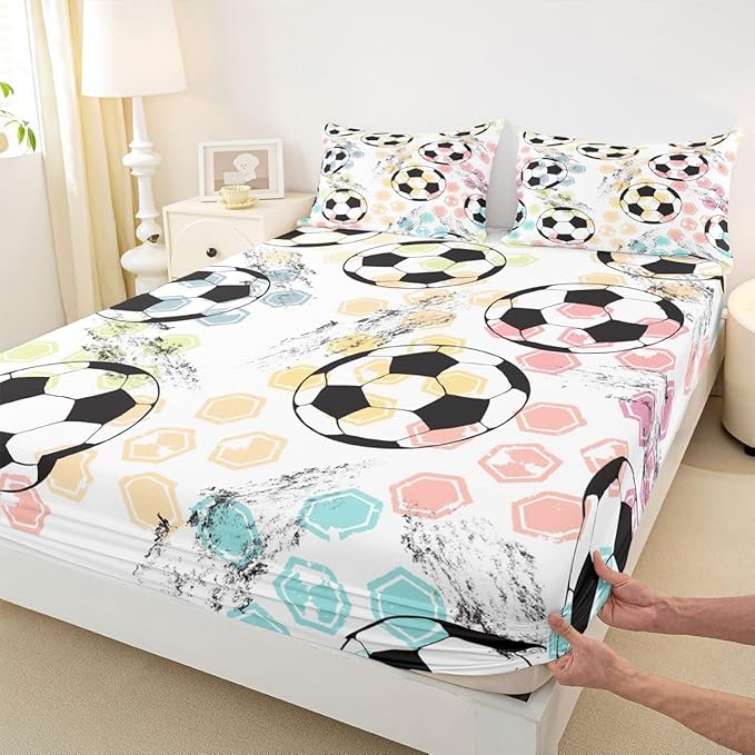 Feelyou Full Sheet Set Kids Football Bed Sheet Set for Boys Girls Bedroom Soft Microfiber Soccer Ball Sports Theme Decor Bed Sheets 3D America Football Games Bedding Set with Deep Pocket Fitted Sheet