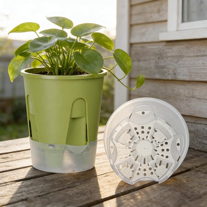Plant Pots 6 inch Set of 5, Self Watering Pots for Indoor Outdoor, Upgraded Water Inlet Self Watering Planters Flower Pots with Drainage Hole and Clear Saucer Reservoir (Green)