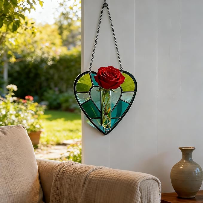 QLCBELOVE Stained Glass Plant Propagation Station, Handmade Suncatchers Window Hanging Decor, Hanging Hydroponic Planter Terrarium with 2 Glass Tubes for Home & Garden Decor, Green, Indoor Outdoor