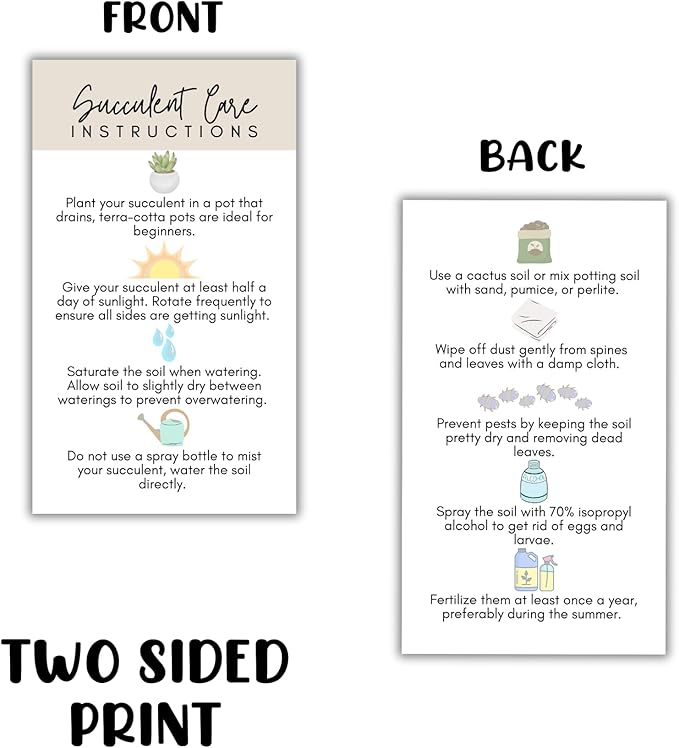 Succulent Care Instruction Cards with Icons 50pk 2x3.5” Home Propagated Plants for Sale Client Care How to Water Kit Plant Tags Labels