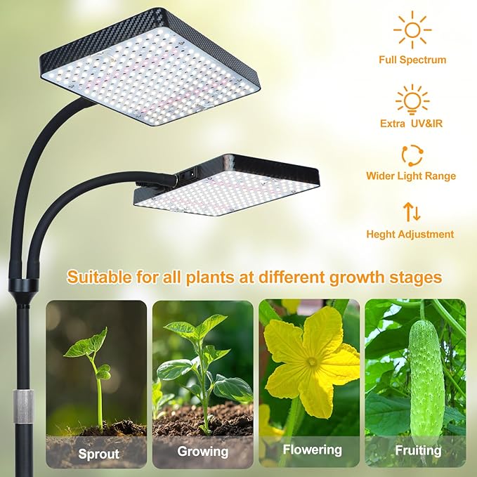 2026 2Head Desk Grow Light, Big Coverage Tabletop Grow Lights for Indoor Plants, Bonsai, Seed Starting, 4/8/12/16/20H Timer, 50 Watt Power Draw, NO Need Adapter, 16"-24" Height Adjustable