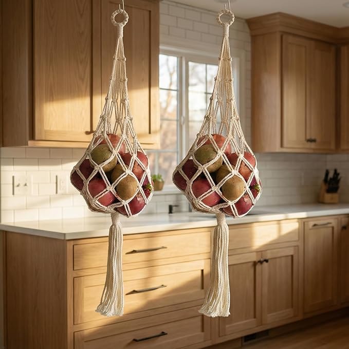 2 Packs Macrame Hanging Bag, bohemian handmade hanging storage bag for kitchen decoration. Chic breathable basket for Onion potato tomato fruit vagetale, Net Storage Kitchen Organizer (Beige)