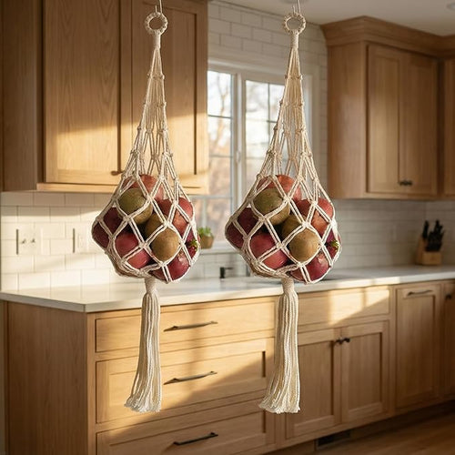 2 Packs Macrame Hanging Bag, bohemian handmade hanging storage bag for kitchen decoration. Chic breathable basket for Onion potato tomato fruit vagetale, Net Storage Kitchen Organizer (Beige)