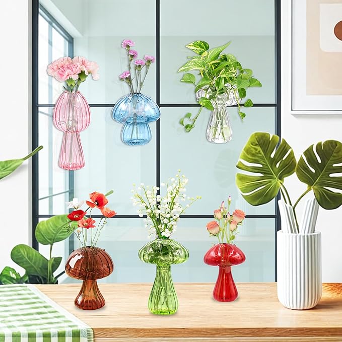 6Pcs Window Propagation Stations Colored Mushroom Propagation Vases with 8Pcs Suction Cups Glass Window Wall Hanging Planter Holder Small Bud Vases for Flowers Plant Home Decor