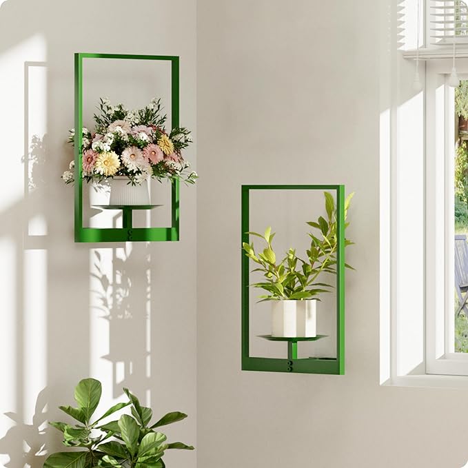 Green Metal Wall Plant Holder - 2-Pack Wall Mounted Plant Stands and Hanging Holders for Indoor Planter and Flower Pot -Rectangle Decor Shelf for Plant Storage (Pot Not Included)