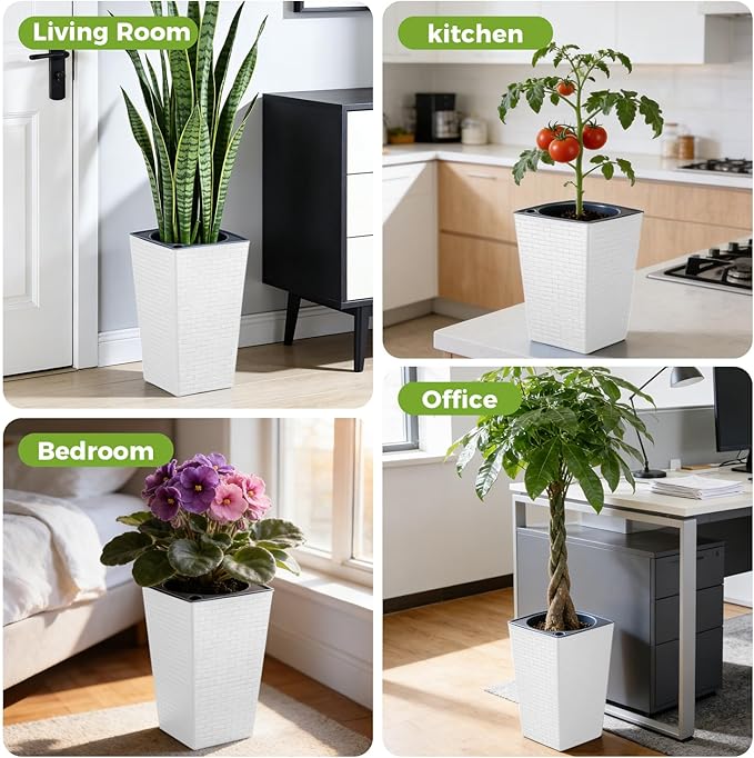 Self Watering Pots for Indoor Plants, 2 Pack Flower Pots Self Watering Planter 10.7" x 6.9" Plastic Pots African Violet Wick and Grow Pots Tall Orchid pots Square Large Plant Pots, White