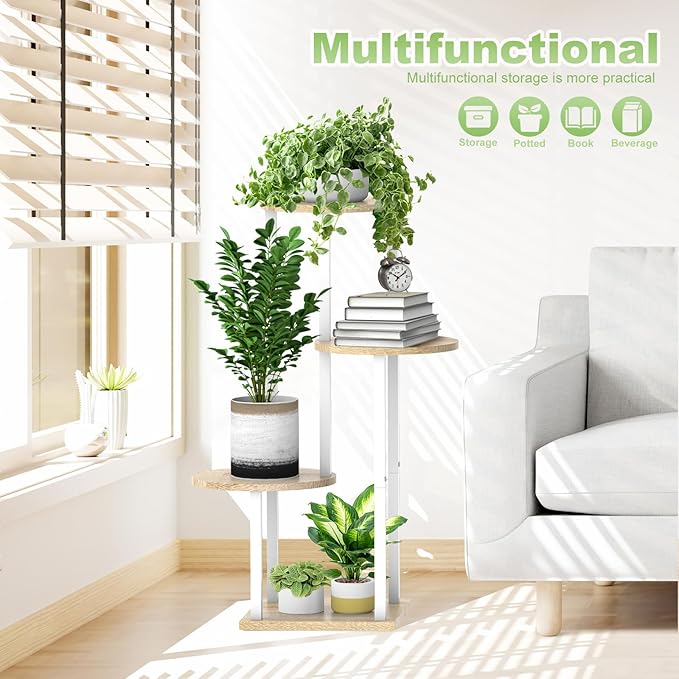 4 Tier Wood Tall Plant Stand Metal Rack Indoor, Multiple Flower Pot Holder Shelves Corner Rack, Round Planter Shelf Display Rack Storage Organizer for Patio Living Room Balcony(White+Oak)