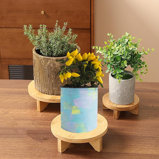 Short Round Wooden Plant Stand Indoor Desktop Flower Pedestal Stand Wood Decor Risers for Small Plants Display(4.5 Inch)