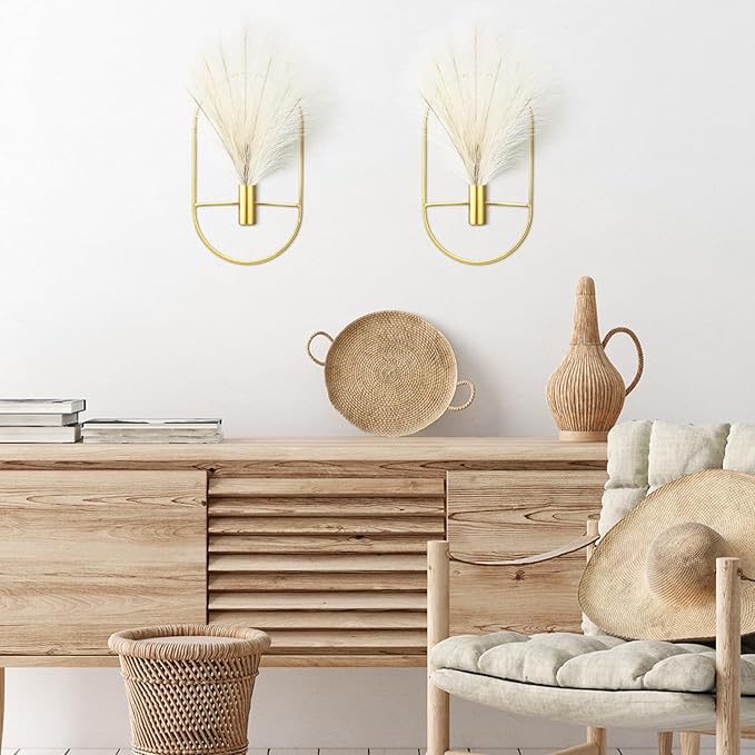 Peryiter 2 Pcs Boho Wall Decor Metal Gold Wall Art Hanging Planters with Artificial Pampas Modern Home Decor Display Art for Living Room Bedroom Bathroom(Oval)