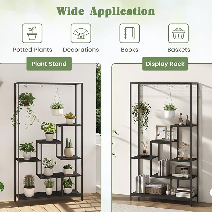 6-Tier Plant Stand Indoor, 70.9" Tall Plant Stand with 10 S Hanging Hooks, Metal Plant Shelf Corner Plant Stands for Indoor Plants, Garden, Balcony, Living Room (Black)