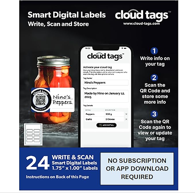 Cloud Tags - Programmable QR Code Stickers | Pack of 24 | Write, Scan & Store | No App or Subscription Needed | Multipurpose, Secure, and Easy-to-Use Tags for Organization, Lost & Found, and More
