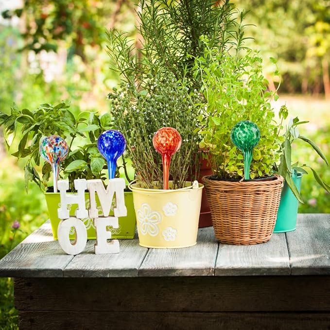 4 Pack Plant Watering Globes Indoor Colorful Hand-Blown Glass Self Watering Bulbs Decorative Design Plant Automatic Self Watering Spikes (Small Colorful)