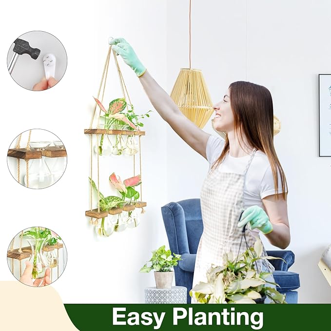 XXXFLOWER Wall Hanging Propagation Station with Wooden Stand 3 Bulb Vase 2 Tiers Planters Wall Terrarium for Home Office Plant Hanger Flower Vases Wall Decor(Brown)