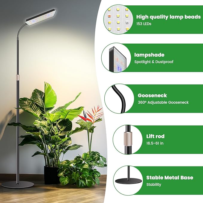 Wiaxulay Floor Plant Lights for Indoor Growing, 153 LED Full Spectrum Grow Light with Stand, Height Adjustable 24-68 in,4/8/12/16H Timer, 3 Lighting Modes,5 Brightness for Growing Large Tall Plants