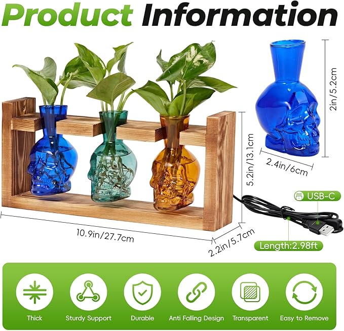 Skull Plant Propagation Station with LED Lights - Halloween Decor Skull Planter, Hydroponics Pot for Office, Unique Gifts for Women & Plant Lovers(3*Mixed Color)
