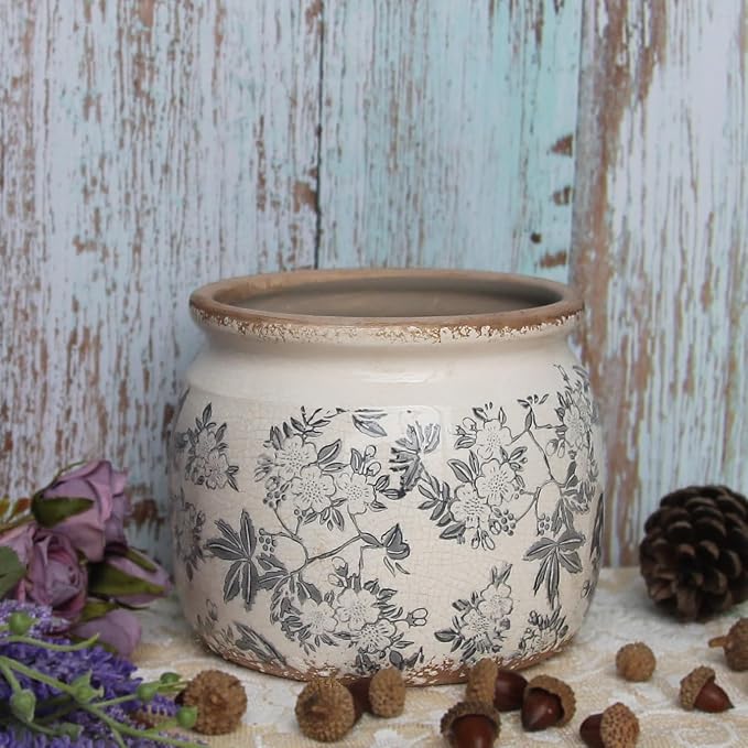 Xiaan Jiaju Ceramic Planters for Indoor Plants, Plant Pots with Drainage Hole, 6.29in. Flower Pots for Indoor Plants, Vintage Planters & Succulent Pots, Crackle Glaze Finish Plant Pots, Rustic Grey