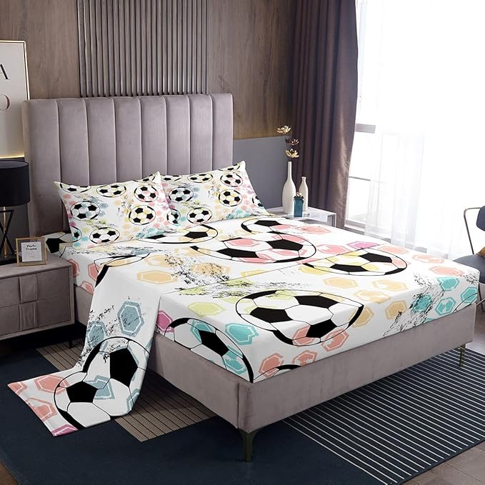 Feelyou Twin Sheet Set Kids Football Bed Sheet Set for Boys Girls Bedroom Soft Microfiber Soccer Ball Sports Theme Decor Bed Sheets 3D America Football Games Bedding Set with Deep Pocket Fitted Sheet